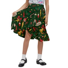 Texture, Pattern, Red, Craciun, Christmas, Hat, Santa, Green Kids  Ruffle Flared Wrap Midi Skirt