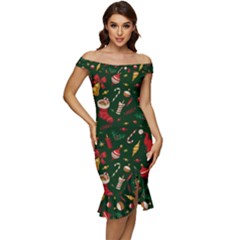 Texture, Pattern, Red, Craciun, Christmas, Hat, Santa, Green Off Shoulder Ruffle Split Hem Bodycon Dress