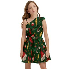 Texture, Pattern, Red, Craciun, Christmas, Hat, Santa, Green Kids  One Shoulder Party Dress