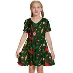 Texture, Pattern, Red, Craciun, Christmas, Hat, Santa, Green Kids  Short Sleeve Tiered Mini Dress