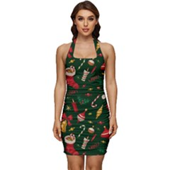 Texture, Pattern, Red, Craciun, Christmas, Hat, Santa, Green Sleeveless Wide Square Neckline Ruched Bodycon Dress