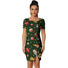 Texture, Pattern, Red, Craciun, Christmas, Hat, Santa, Green Fitted Knot Split End Bodycon Dress