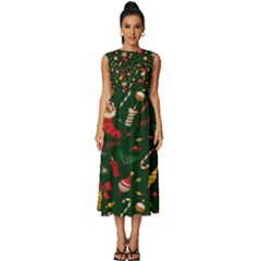 Texture, Pattern, Red, Craciun, Christmas, Hat, Santa, Green Sleeveless Round Neck Midi Dress