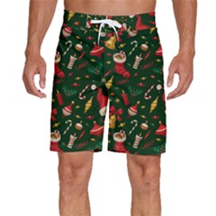 Texture, Pattern, Red, Craciun, Christmas, Hat, Santa, Green Men s Beach Shorts