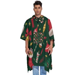 Texture, Pattern, Red, Craciun, Christmas, Hat, Santa, Green Men s Hooded Rain Ponchos