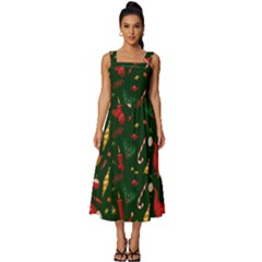 Texture, Pattern, Red, Craciun, Christmas, Hat, Santa, Green Square Neckline Tiered Midi Dress