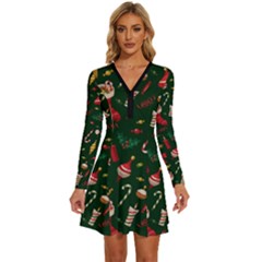 Texture, Pattern, Red, Craciun, Christmas, Hat, Santa, Green Long Sleeve Deep V Mini Dress 