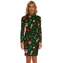 Texture, Pattern, Red, Craciun, Christmas, Hat, Santa, Green Long Sleeve Shirt Collar Bodycon Dress