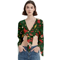 Texture, Pattern, Red, Craciun, Christmas, Hat, Santa, Green Trumpet Sleeve Cropped Top