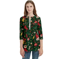 Texture, Pattern, Red, Craciun, Christmas, Hat, Santa, Green Women s Zip Front V-neck 3/4 Sleeve Casual Top Pocket Shirt