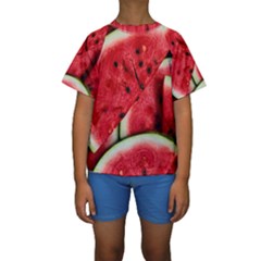 Watermelon, Fruit, Green, Red Kids  Short Sleeve Swimwear