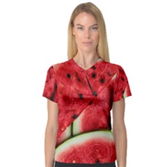 Watermelon, Fruit, Green, Red V-neck Sport Mesh T-shirt