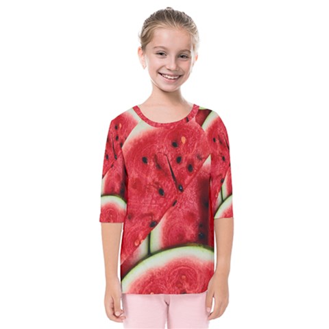 Watermelon, Fruit, Green, Red Kids  Quarter Sleeve Raglan T-shirt by kyorashop23