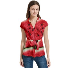 Watermelon, Fruit, Green, Red Women s Cap Sleeve Mandarin Collar Waist Tie Blouse