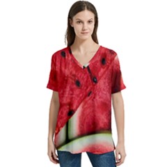 Watermelon, Fruit, Green, Red V-neck Split Shoulder Casual T-shirt by kyorashop23