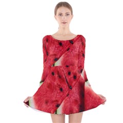 Watermelon, Fruit, Green, Red Long Sleeve Velvet Skater Dress