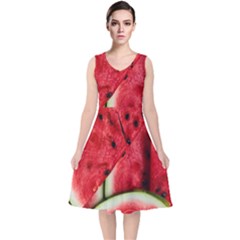 Watermelon, Fruit, Green, Red V-neck Midi Sleeveless Dress 