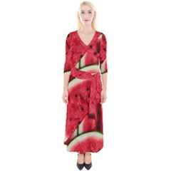 Watermelon, Fruit, Green, Red Quarter Sleeve Wrap Maxi Dress