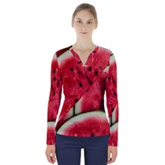 Watermelon, Fruit, Green, Red V-neck Long Sleeve Top by kyorashop23