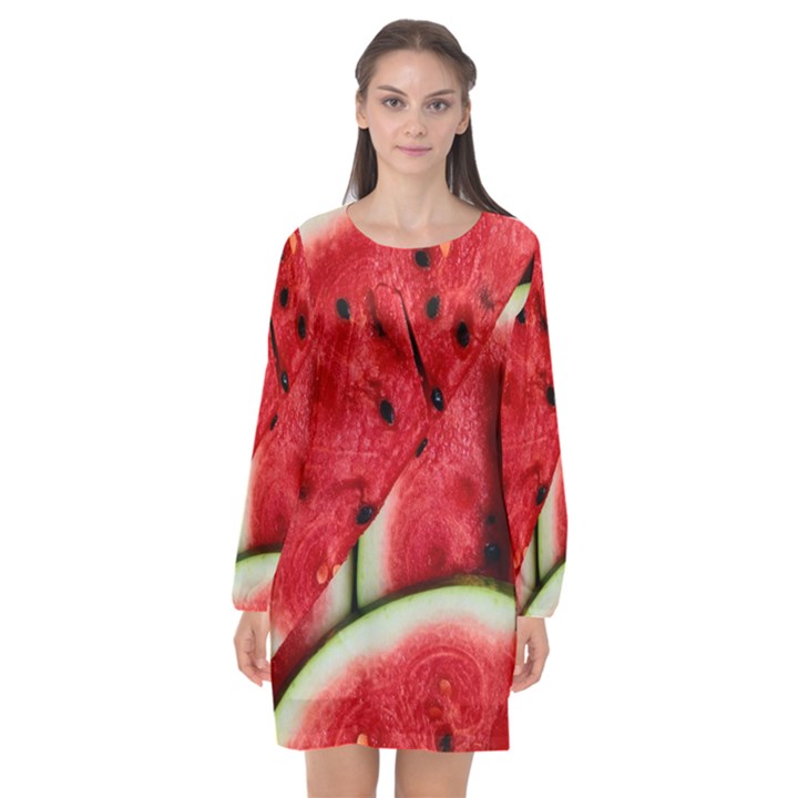 Watermelon, Fruit, Green, Red Long Sleeve Chiffon Shift Dress 