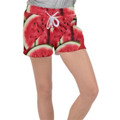 Watermelon, Fruit, Green, Red Women s Velour Lounge Shorts