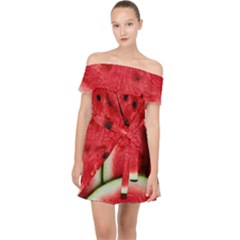 Watermelon, Fruit, Green, Red Off Shoulder Chiffon Dress