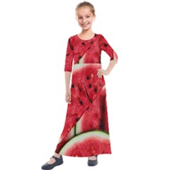 Watermelon, Fruit, Green, Red Kids  Quarter Sleeve Maxi Dress