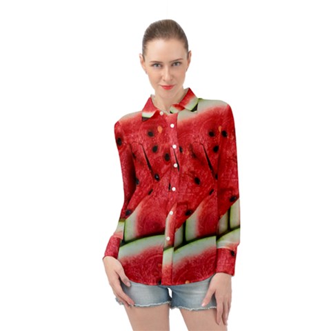 Watermelon, Fruit, Green, Red Long Sleeve Chiffon Shirt by kyorashop23