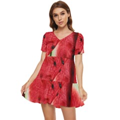 Watermelon, Fruit, Green, Red Tiered Short Sleeve Babydoll Dress