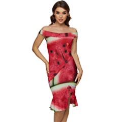 Watermelon, Fruit, Green, Red Off Shoulder Ruffle Split Hem Bodycon Dress