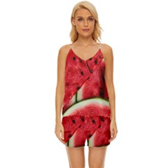 Watermelon, Fruit, Green, Red V-neck Satin Pajamas Set