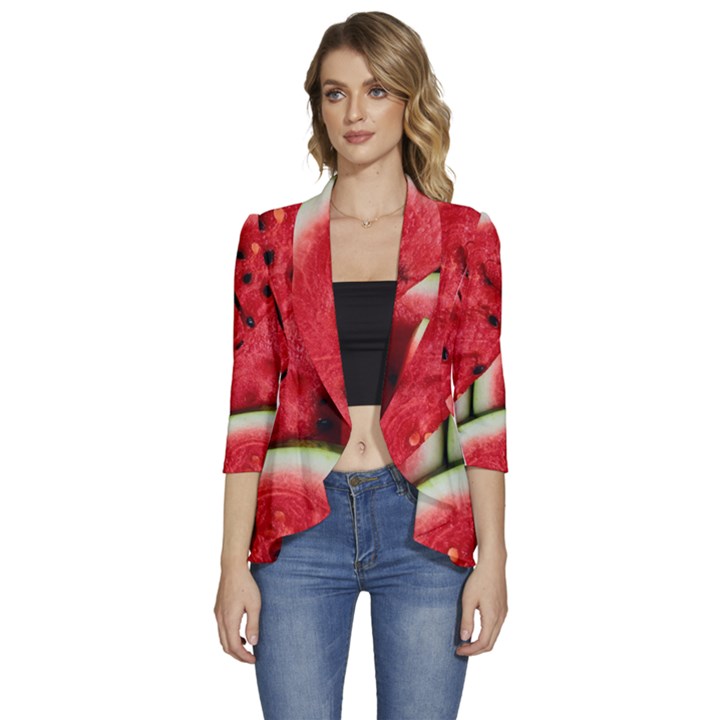 Watermelon, Fruit, Green, Red Women s 3/4 Sleeve Ruffle Edge Open Front Jacket