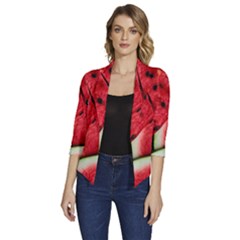 Watermelon, Fruit, Green, Red Women s Draped Front 3/4 Sleeve Shawl Collar Jacket