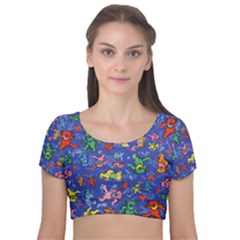 Grateful Dead Dancing Bears Pattern Velvet Short Sleeve Crop Top  by Salmanaz77