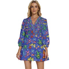 Grateful Dead Dancing Bears Pattern V-neck Placket Mini Dress by Salmanaz77