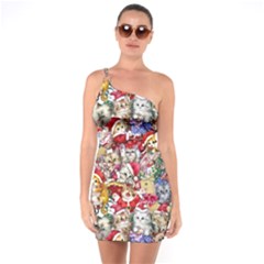 Pattern Kitten Christmas One Shoulder Ring Trim Bodycon Dress