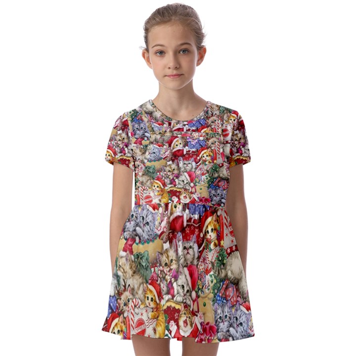 Pattern Kitten Christmas Kids  Short Sleeve Pinafore Style Dress