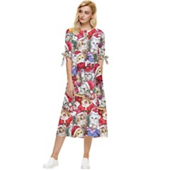 Pattern Kitten Christmas Bow Sleeve Chiffon Midi Dress