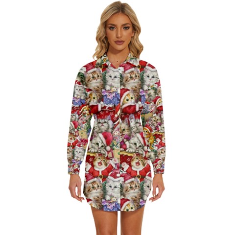 Pattern Kitten Christmas Womens Long Sleeve Shirt Dress by Bedest