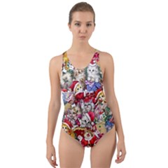 Pattern Kitten Christmas Cut-out Back One Piece Swimsuit