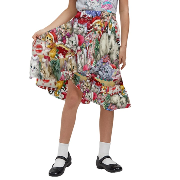 Pattern Kitten Christmas Kids  Ruffle Flared Wrap Midi Skirt