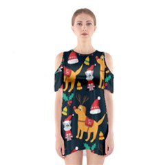 Funny Christmas Pattern Background Shoulder Cutout One Piece Dress