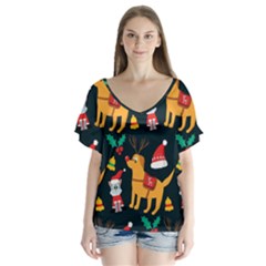 Funny Christmas Pattern Background V-neck Flutter Sleeve Top