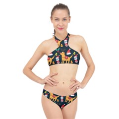 Funny Christmas Pattern Background High Neck Bikini Set