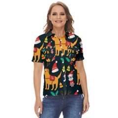 Funny Christmas Pattern Background Women s Short Sleeve Double Pocket Shirt