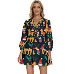 Funny Christmas Pattern Background V-neck Placket Mini Dress