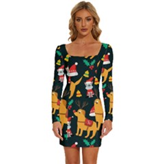 Funny Christmas Pattern Background Long Sleeve Square Neck Bodycon Velvet Dress