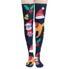 Funny Christmas Pattern Background Thigh High Stockings