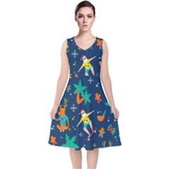 Colorful Funny Christmas Pattern V-neck Midi Sleeveless Dress 