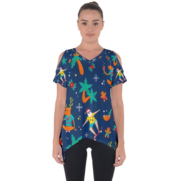 Colorful Funny Christmas Pattern Cut Out Side Drop T-Shirt